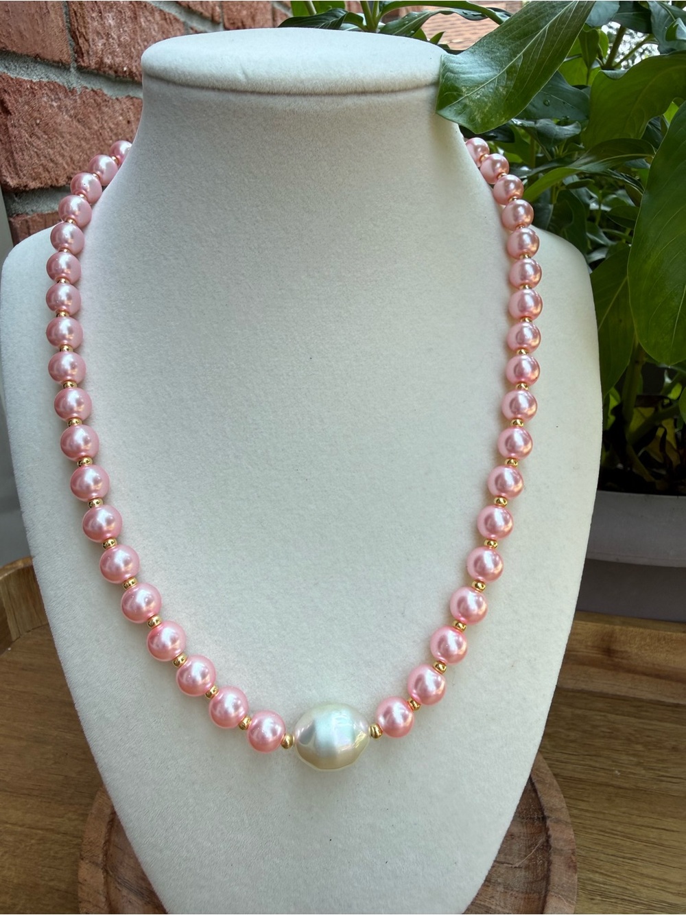 Pink Faux Pearl & Gold Beaded Necklace – 18” with Large Baroque Faux Pearl